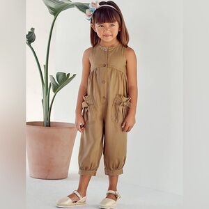 Size 4 Girls Mayoral Khaki Kids Romper with Bow Pockets